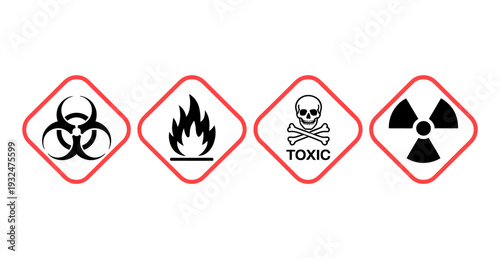 Set of hazard warning symbols including biohazard, flammable, toxic and radioactive signs isolated on white background