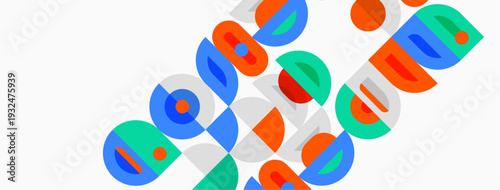 Abstract geometric shapes overlap, creating colorful patterns. Circles, squares, rectangles form dynamic composition. Bright hues dominate design.