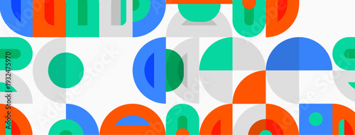 Abstract geometric pattern. Circles, semicircles, squares overlap creating colorful design. Bright hues dominate composition.