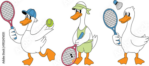 Cute Cartoon Duck Mascot Athletes Set - White Duck Characters Playing Tennis and Badminton Sports Illustration