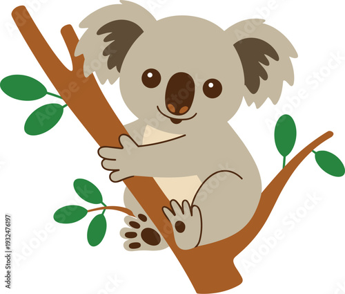 Cute Cartoon Koala Bear Clinging to Eucalyptus Tree Branch - Australian Wildlife Mascot Illustration