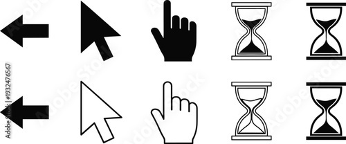 Standard UI Navigation and Cursor Icon Set Featuring Arrows Hand Pointers and Hourglass Symbols in Solid and Outline Styles