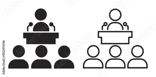 Conference icon representing public speaking, seminar symbol, presentation concept, meeting discussion, business event elements