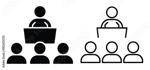 Conference icon featuring public speaking, seminar and workshop symbols, speaker podium concept, corporate meeting elements, and clean professional vector design