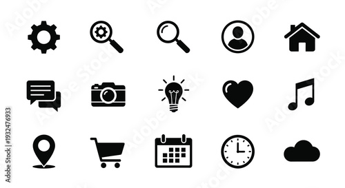 Black icons representing settings search and various concepts silhouette