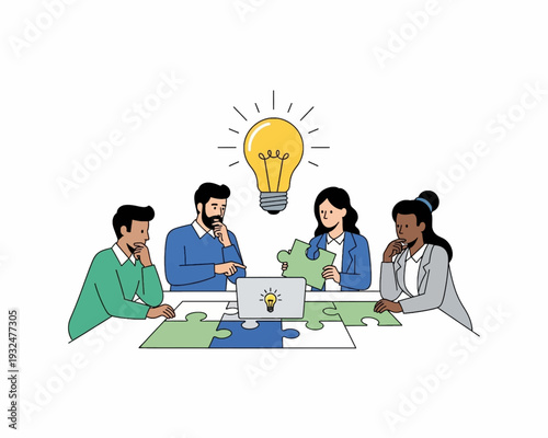 Diverse team of business professionals collaboratively brainstorms innovative ideas, solving complex problems together with puzzle pieces and a laptop vector illustration.