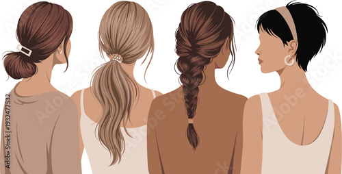 Flat Vector Illustration of Women with Different Hairstyles and Hair Colors Back View