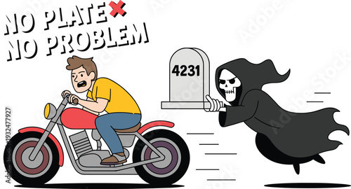 Grim Reaper Chasing Motorcyclist Cartoon Vector Illustration - Road Safety Concept