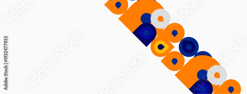 Abstract pattern features orange circles, blue squares. Minimalist design utilizes geometric shapes, white background. Simple, modern aesthetic.