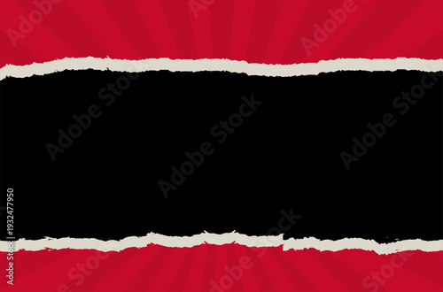 Red sunburst background with black torn paper center. Ripped paper frame with radial rays and dark empty space for dramatic promo or sale banner