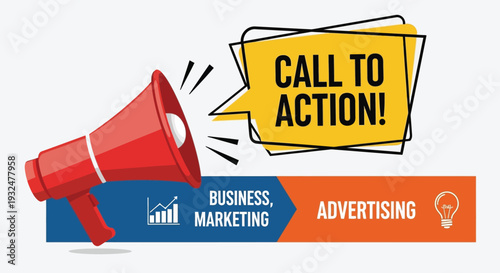 A vibrant red megaphone with a call to action message silhouette