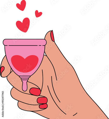 Hand Holding Menstrual Cup with Hearts Vector for Eco-Friendly Period Care and Women's Health