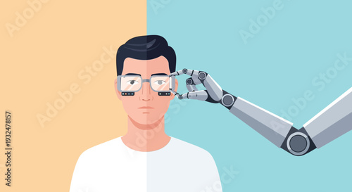 Human face merging with robotic arm a futuristic portrait silhouette