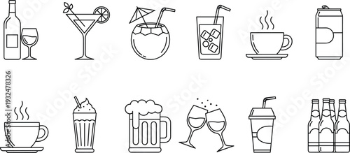 Diverse Beverage and Drink Linear Icon Set Featuring Coffee Cocktails Beer and Wine for Menus and Lifestyle Design
