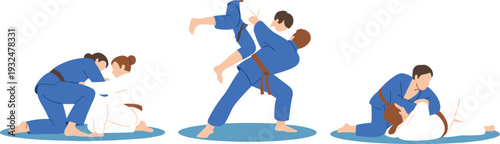 Martial Arts Athletes Practicing Judo or Jujitsu - Professional Grappling and Throwing Techniques Illustration Set