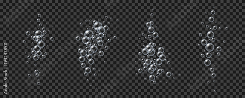 Air bubbles effect set. Realistic fizzy droplets with transparency. Underwater gas flying up in drops