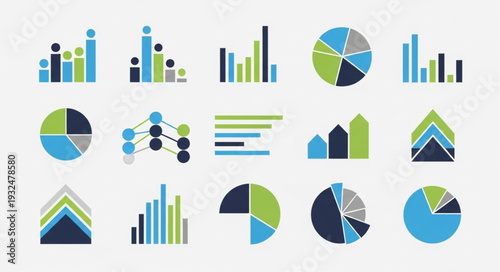 Diverse collection of colorful data visualization charts and graphs for business analysis.