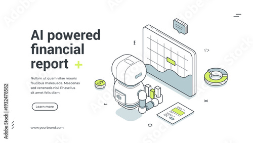 AI powered financial report isometric banner template. Artificial intelligence for business data analysis and audit service vector illustration. Modern web design for automation and fintech concept