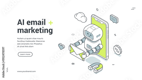AI email marketing isometric banner template. Robot for newsletter automation and SMM promotion vector illustration. Modern web design for digital communication and customer engagement