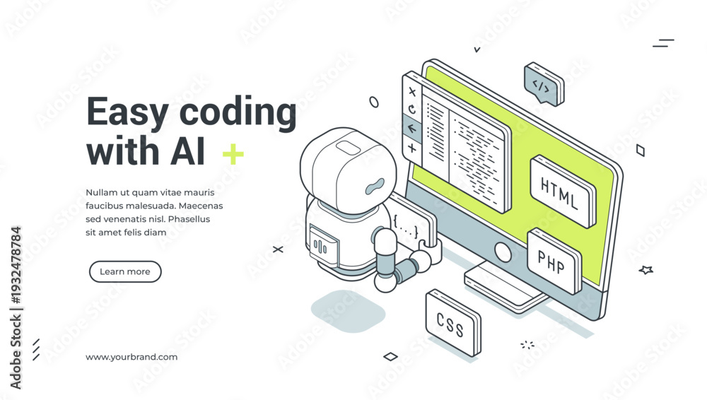 Obraz premium Easy coding with AI isometric banner. Robot for programming and software development. Modern web template vector illustration for artificial intelligence, computer science and web technology