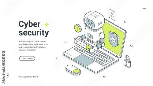 Cyber security isometric banner. Robot protects a laptop by entering a password for data safety. Modern web template vector illustration for a landing page and online privacy service