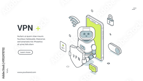 VPN security isometric banner. Robot with shield on a smartphone for data protection. Modern web template vector illustration for a landing page and online privacy service