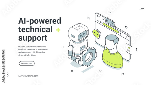 AI-powered technical support isometric banner. Robot with gear helps user with settings. Modern web template vector illustration for a landing page and online customer service
