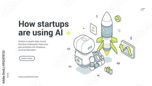 Startups using AI for project launch isometric banner. Robot with gear launches a rocket for business growth. Modern web template vector illustration for a landing page and innovation service
