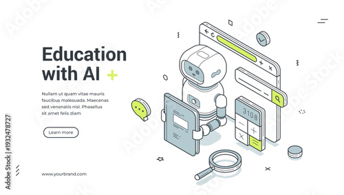Education with AI isometric banner. Robot helps with online learning and research. Modern web template vector illustration for an e-learning platform and educational service