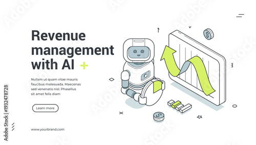 Revenue management with AI isometric banner. Robot analyzes financial data for profit growth. Modern web template vector illustration for a business analytics service