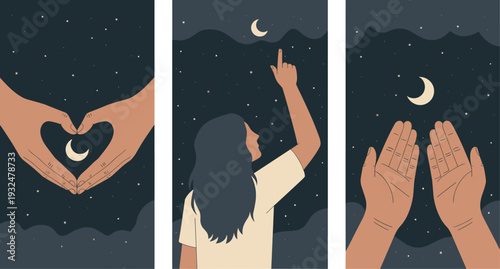 Mystical Night Sky Illustration Set - Hands Holding Crescent Moon and Woman Stargazing Under Starry Sky