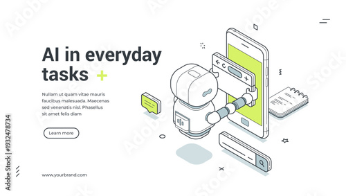 AI in everyday tasks isometric banner. Robot assistant helps with mobile apps and daily routine. Modern web template vector illustration for smart technology service