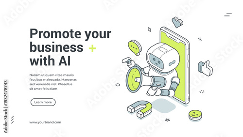 Promote business with AI isometric banner. Robot with megaphone for digital marketing from smartphone. Modern web template vector illustration for SMM and customer attraction