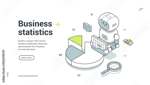 Business statistics isometric banner. Robot with chart for data analysis and financial analytics. Modern web template vector illustration for SEO and market research with AI