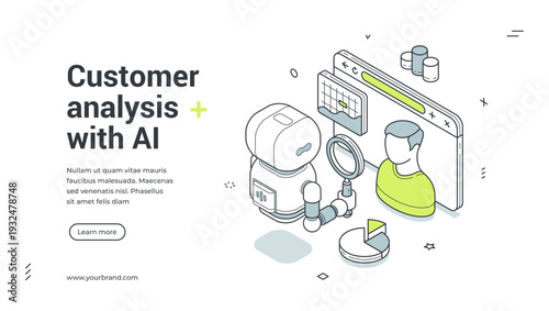 Customer analysis with AI isometric banner. Robot for user behavior research and marketing. Modern web template vector illustration for CRM and client data processing with artificial intelligence