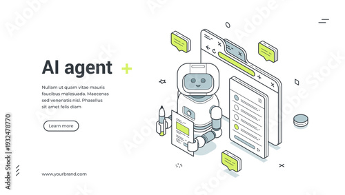 AI agent isometric banner. Chatbot for customer support and online service. Modern web template vector illustration for virtual assistant and artificial intelligence technology