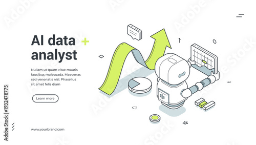 AI data analyst isometric banner. Robot for analytics and big data research. Web template vector illustration for artificial intelligence, business intelligence, statistics and financial growth