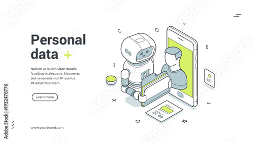 Personal data protection isometric banner. Robot for user privacy and security. Modern web template vector illustration for artificial intelligence, confidential information and identity