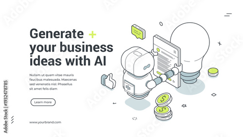 Generate business ideas with AI isometric banner. Robot for creative solution and startup. Modern web template vector illustration for business strategy and artificial intelligence