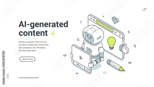 AI-generated content isometric banner. Robot for creative content creation and marketing automation. Web template vector illustration for artificial intelligence, copywriting, and video making