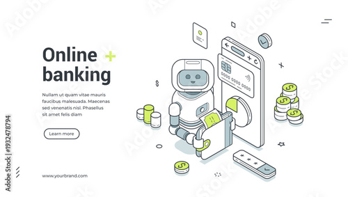 Online banking isometric banner template. Vector illustration for a landing page with a robot using a mobile app for finance management. Modern fintech concept for digital payment and investment