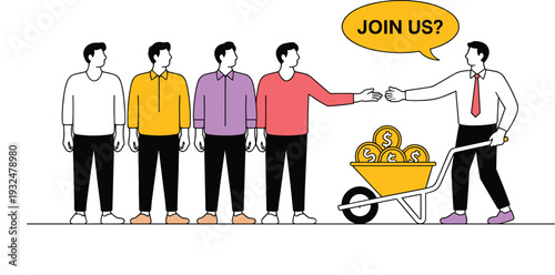 Professional Business Recruitment Illustration - Corporate Hiring Concept with Businessman Offering High Salary and Benefits to New Candidates