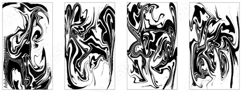 Black and white. Hand drawn marble illustrations, ebru aqua paper and silk prints. Set of abstract backgrounds.