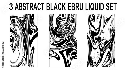 Black and white. Hand drawn marble illustrations, ebru aqua paper and silk prints. Set of abstract backgrounds.