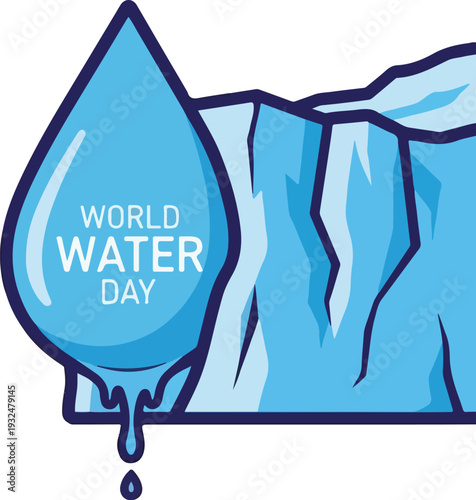 Global water preservation concept featuring a blue melting ice formation and a large droplet for environmental awareness initiatives
