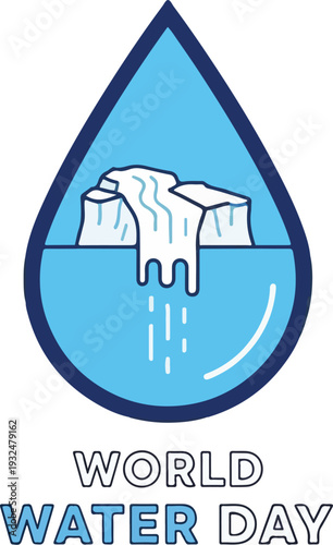 Visual representation of a water droplet enclosing melting icebergs symbolizing fresh water scarcity and the crucial need for global water