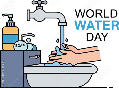 Promoting proper handwashing techniques under a running faucet with soap emphasizing personal hygiene and responsible water usage