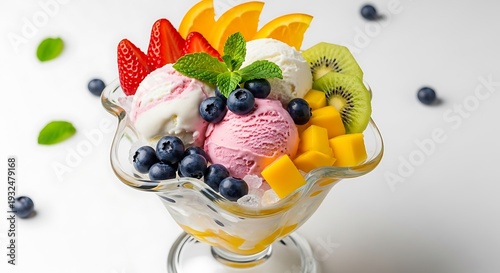 A vibrant ice cream sundae with diverse fruits and mint, on a white backdrop