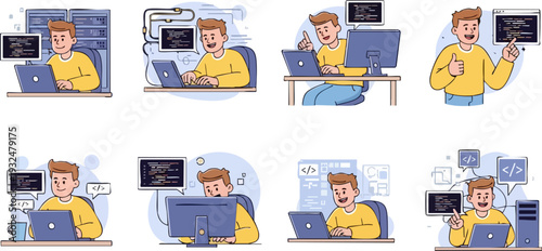 Set of 8 Programmer Developer Working Vector Illustrations