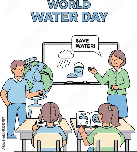 Teacher educates students on water conservation and global resources in a classroom setting promoting environmental protection responsible usage and